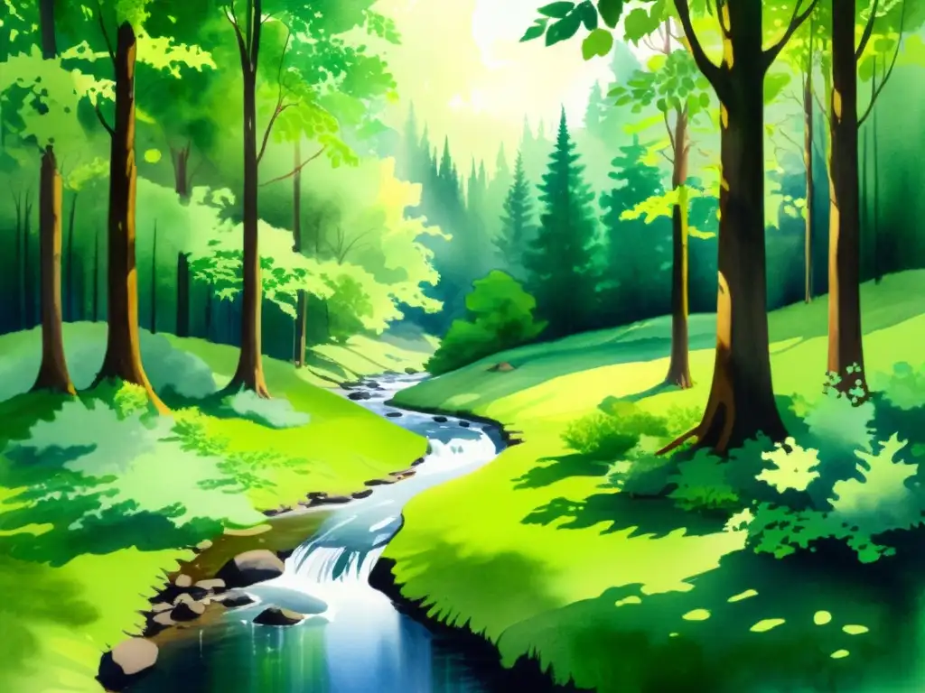 Bosque sereno: pintura acuarela de un claro exuberante Un sereno paisaje de acuarela de un claro de un frondoso bosque, con exuberante follaje verde y un arroyo suave que fluye en el centro