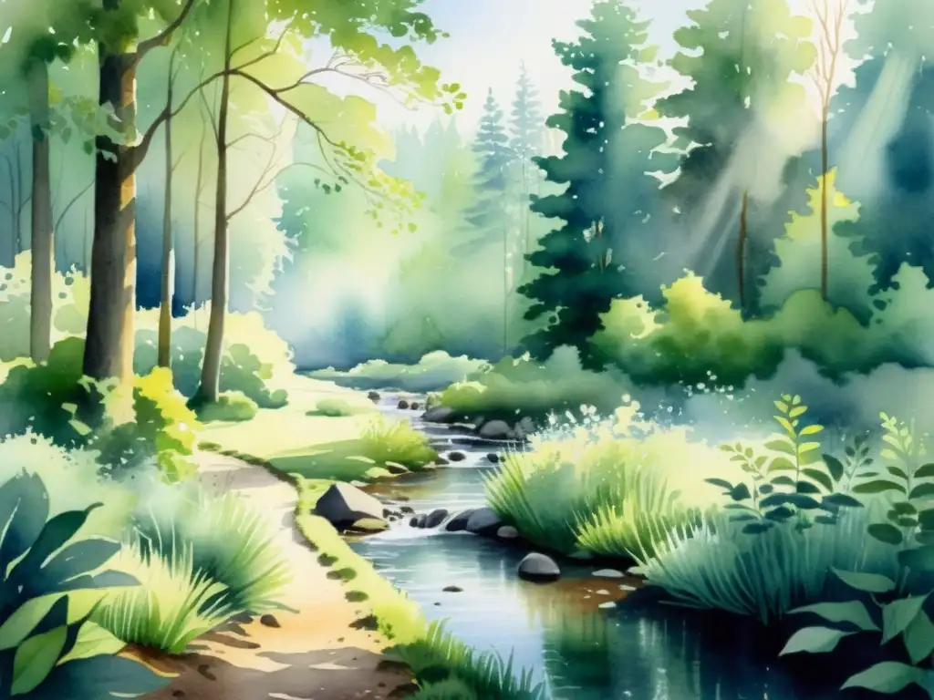 Un sereno paisaje de bosque en acuarela con luz del sol filtrándose entre los árboles, creando un ambiente de tranquilidad y serenidad