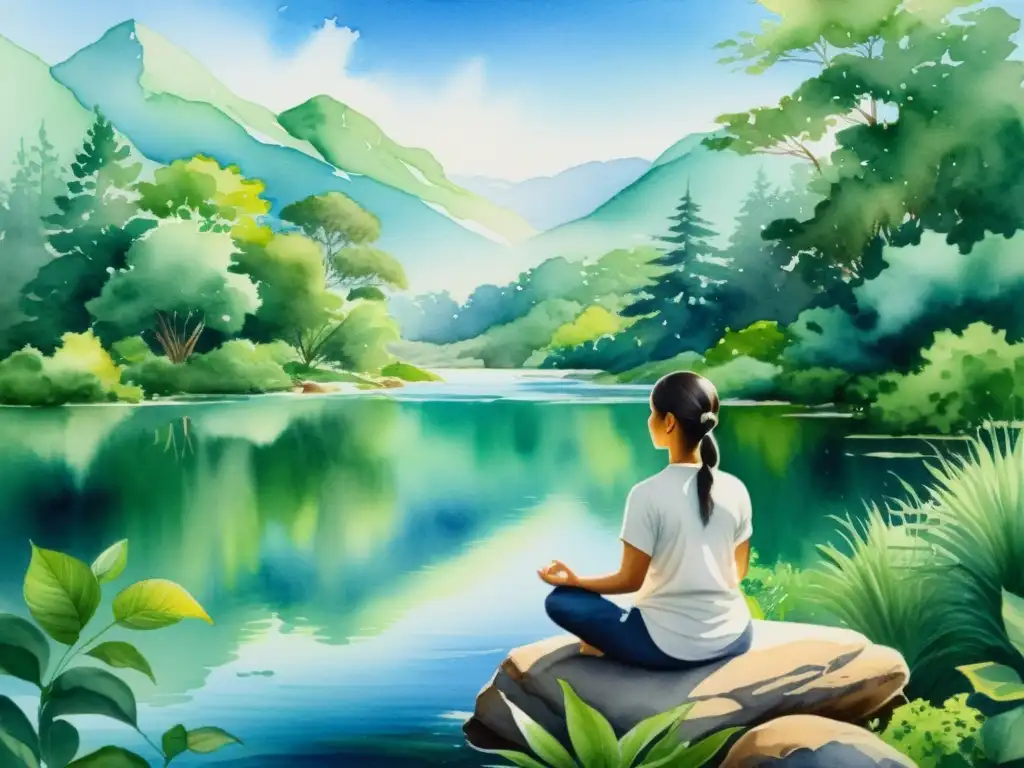 Retiro de meditación en la naturaleza: serenidad y renovación Un sereno retiro de silencio para renovación: meditación en un entorno natural, con vegetación exuberante, agua fluyendo y un cielo claro y apacible