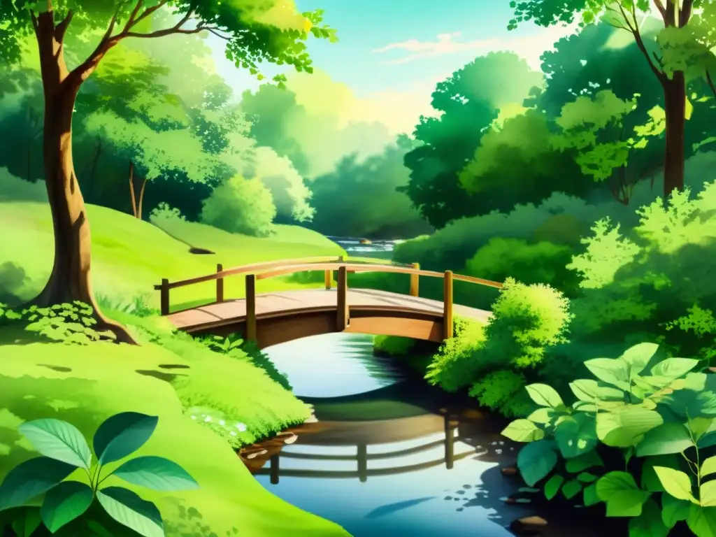 Bosque sereno: acuarela de naturaleza calmante Técnica de Mindfulness para reducir el estrés: Ilustración acuarela de un sereno bosque verde con arroyo, luz filtrada entre hojas y puente de madera