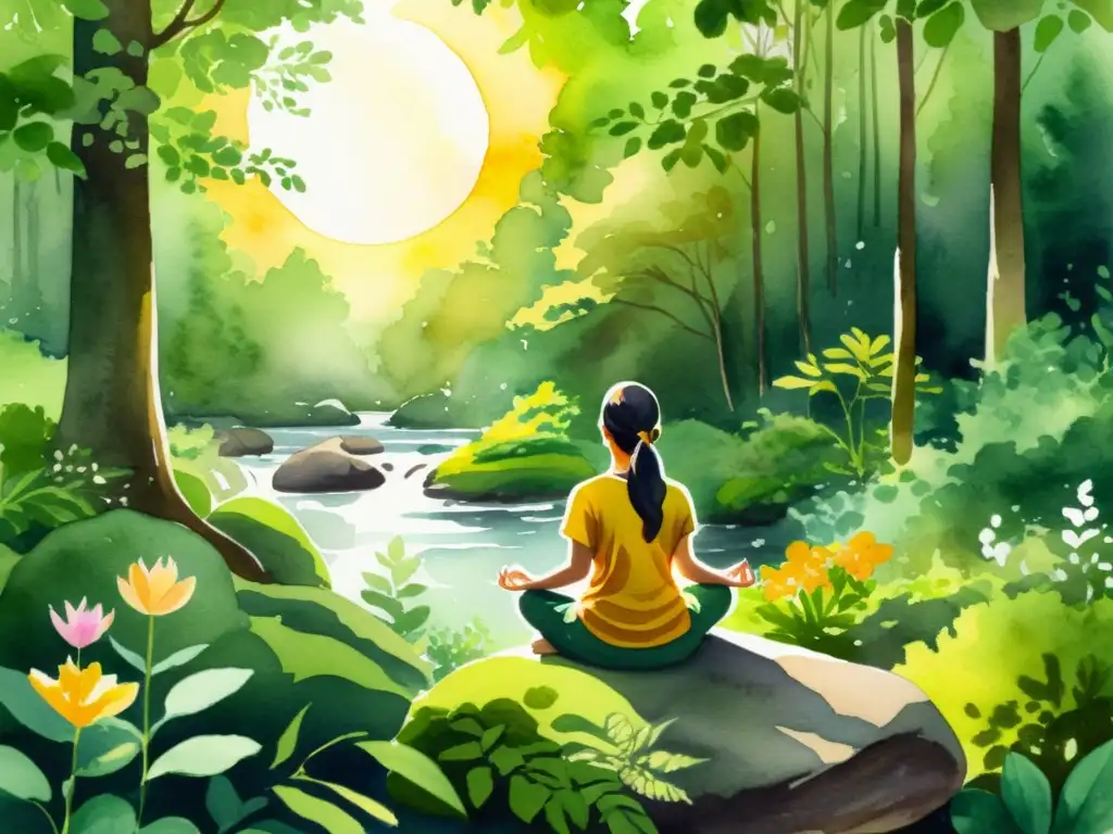 Meditación en el bosque: conexión y armonía en la naturaleza Tecnología en retiros espirituales: Meditación en un bosque sereno, con luz dorada filtrándose entre las hojas y arroyos fluyendo suavemente