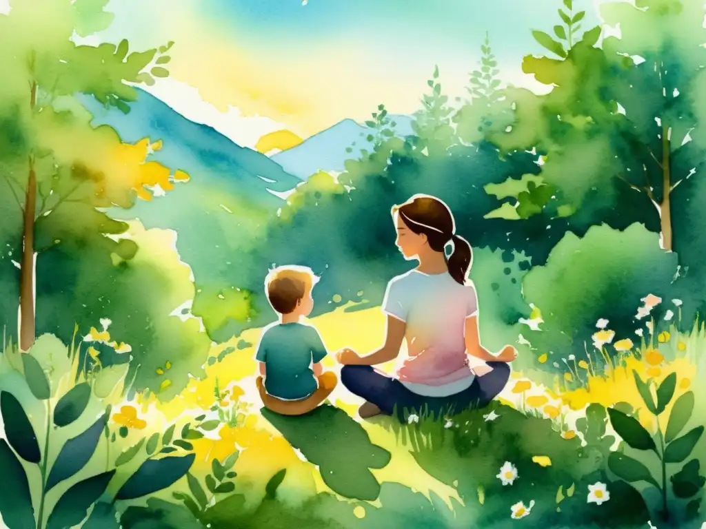 Padre e hijo meditando en el bosque al atardecer Una tierna ilustración de acuarela que muestra a un padre y un niño meditando en un claro del bosque, rodeados de naturaleza