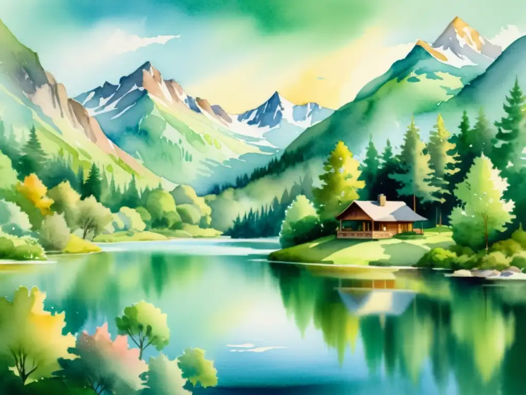 Retiro sereno en las montañas: ilustración en acuarela Una ilustración tranquila de un retiro espiritual en la montaña, rodeado de árboles verdes y un lago sereno