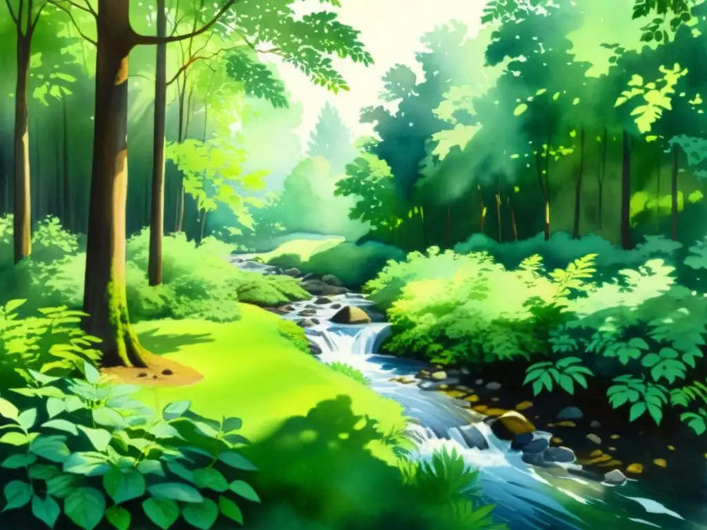 Bosque tranquilo en acuarela: luz solar y arroyo sereno Tranquilo bosque de acuarela con luz solar filtrándose entre las hojas