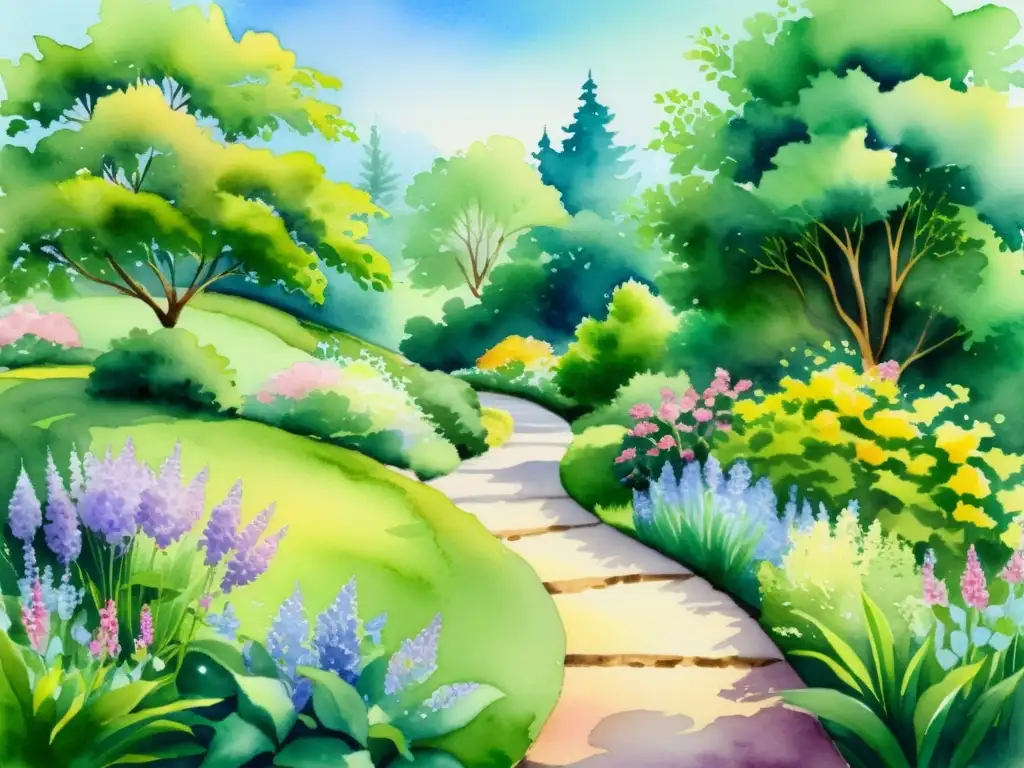 Jardín tranquilo: Retiro sereno entre flores y arroyo Un jardín tranquilo en acuarela con sendero que lleva a un retiro espiritual diario personal entre flores y vegetación exuberante