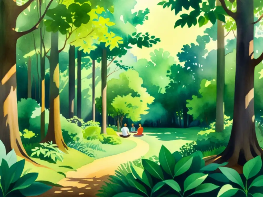 Bosque tranquilo: meditación curativa en la naturaleza Un tranquilo bosque en acuarela con personas meditando