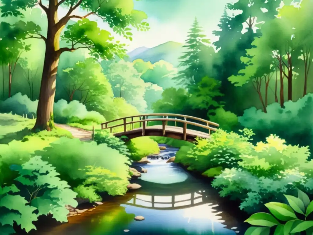 Bosque sereno: acuarela de un paisaje tranquilo Un tranquilo bosque verde con un arroyo sereno y un puente de madera, ideal para retiros espirituales con música mindfulness