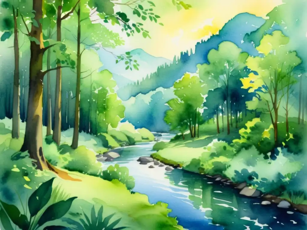 Bosque sereno: pintura acuarela de naturaleza Un tranquilo bosque verde con un río serpenteante bajo la luz del sol
