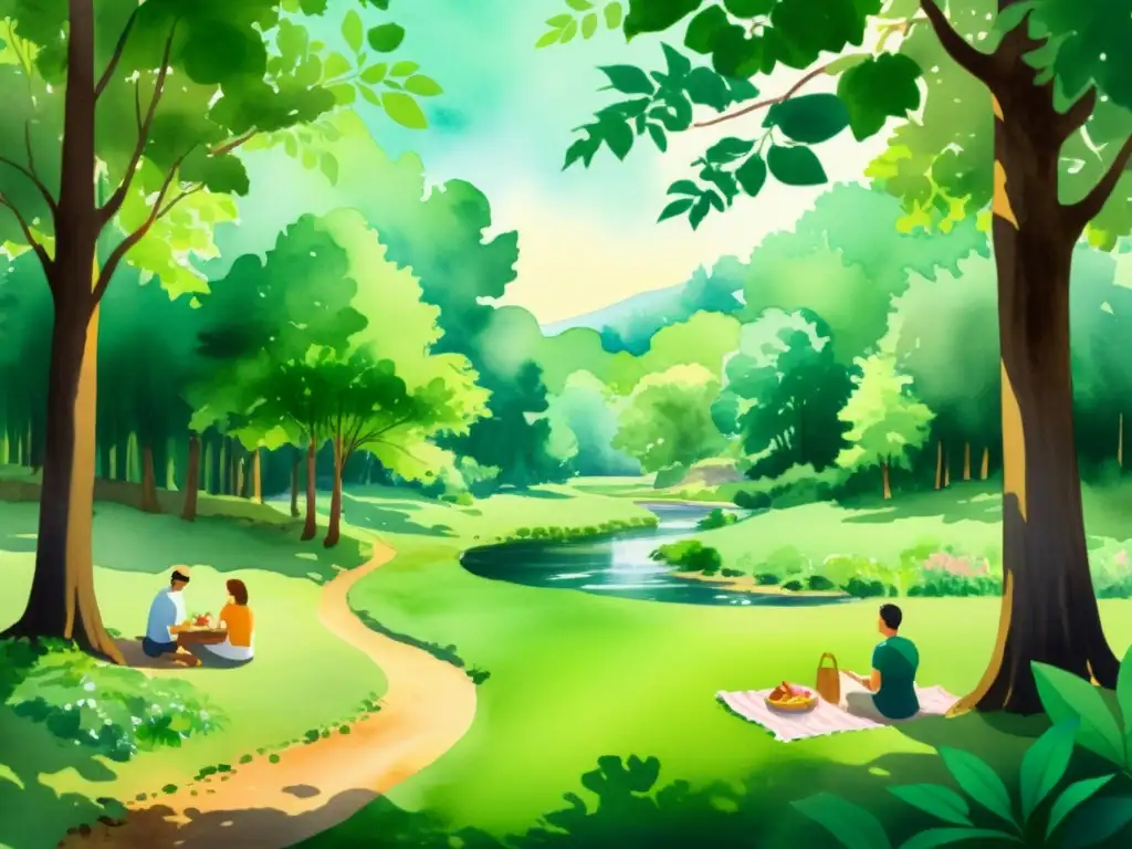 Claro del bosque: tranquilidad y conexión espiritual Un tranquilo claro en el bosque, con un grupo disfrutando menús ayurvédicos para retiros espirituales