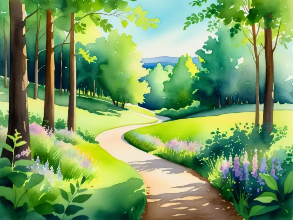 Bosque sereno: acuarela de tranquilidad y belleza natural Un tranquilo claro en el bosque con luz solar filtrándose entre las hojas, ideal para retiros de silencio para introspección personal