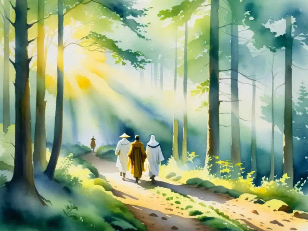 Pintura acuarela: Peregrinos en bosque neblinoso Un tranquilo cuadro de acuarela muestra un grupo de peregrinos caminando en un sendero boscoso, iluminado por rayos de sol dorado