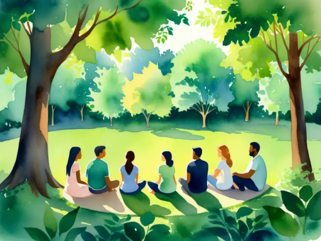 Retiro espiritual en la naturaleza: serenidad en comunidad Un tranquilo cuadro de acuarela de un grupo en un retiro espiritual silencioso, rodeado de naturaleza exuberante y árboles altos