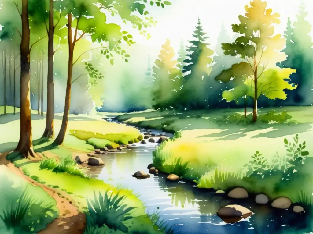 Bosque tranquilo: pintura acuarela de serenidad natural Un tranquilo y hermoso paisaje de un bosque en acuarela invita a sumergirse en la paz del entorno