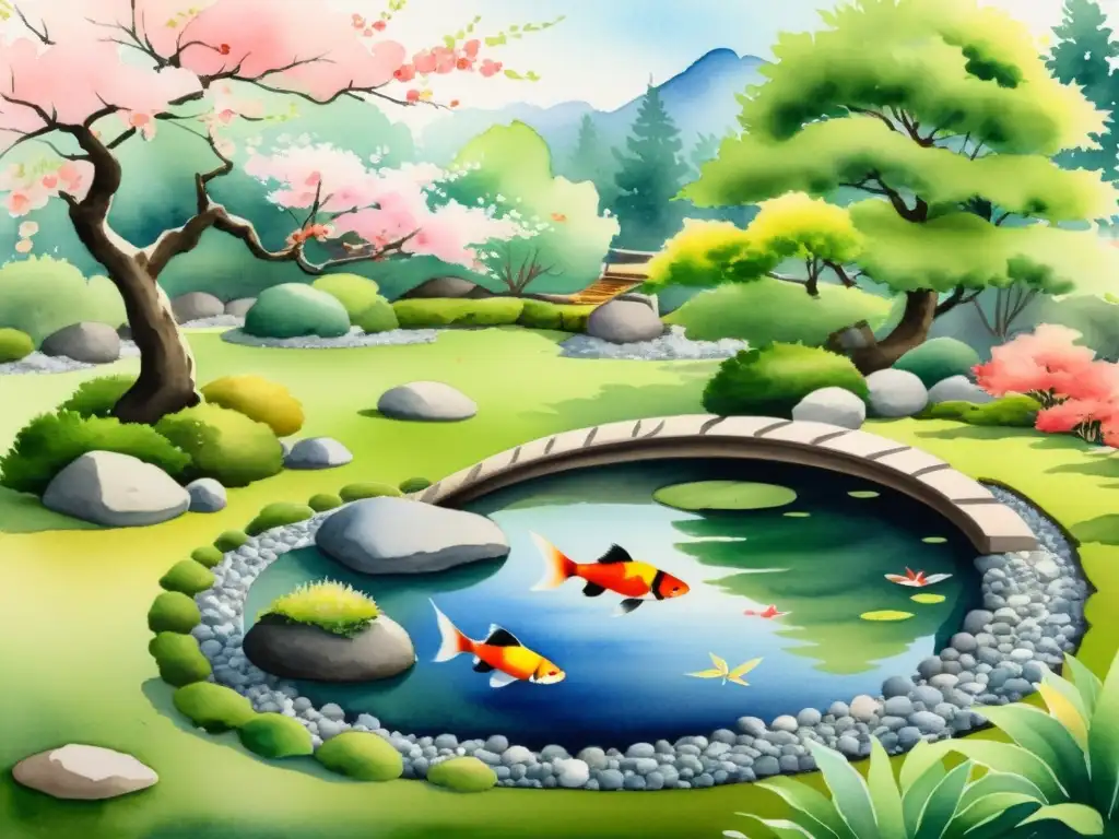 Jardín Zen japonés: Acuarela serena Un tranquilo jardín zen japonés con koi nadando en un estanque, rodeado de naturaleza exuberante y árboles de cerezo en flor