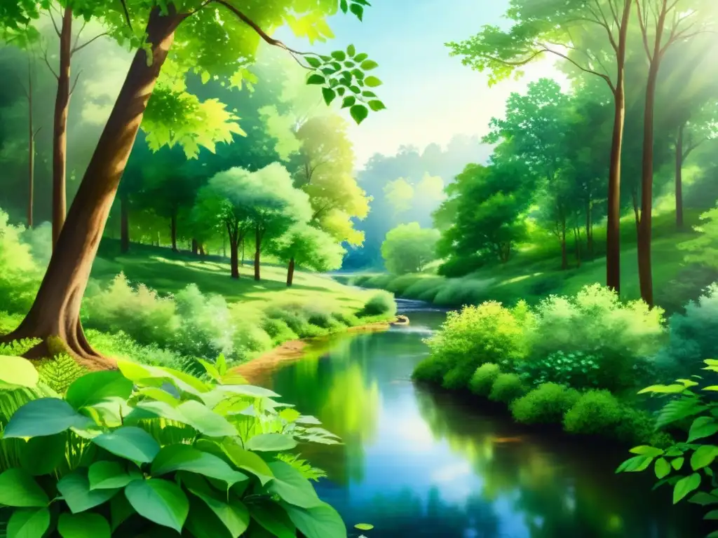 Un tranquilo rincón del bosque con luz filtrándose entre las hojas y reflejos en un arroyo