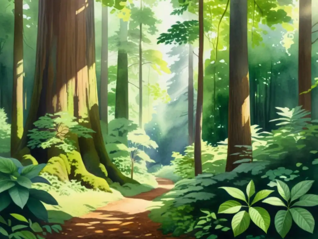 Bosque ancestral: acuarela serena y exuberante Un tranquilo paisaje en acuarela de un exuberante y antiguo bosque, con árboles imponentes y luz filtrándose entre las hojas