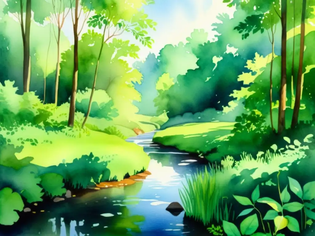 Bosque sereno en acuarela: luz y sombra en la naturaleza Un tranquilo paisaje de bosque en acuarela invita a la introspección en retiros espirituales silencio guía introspección