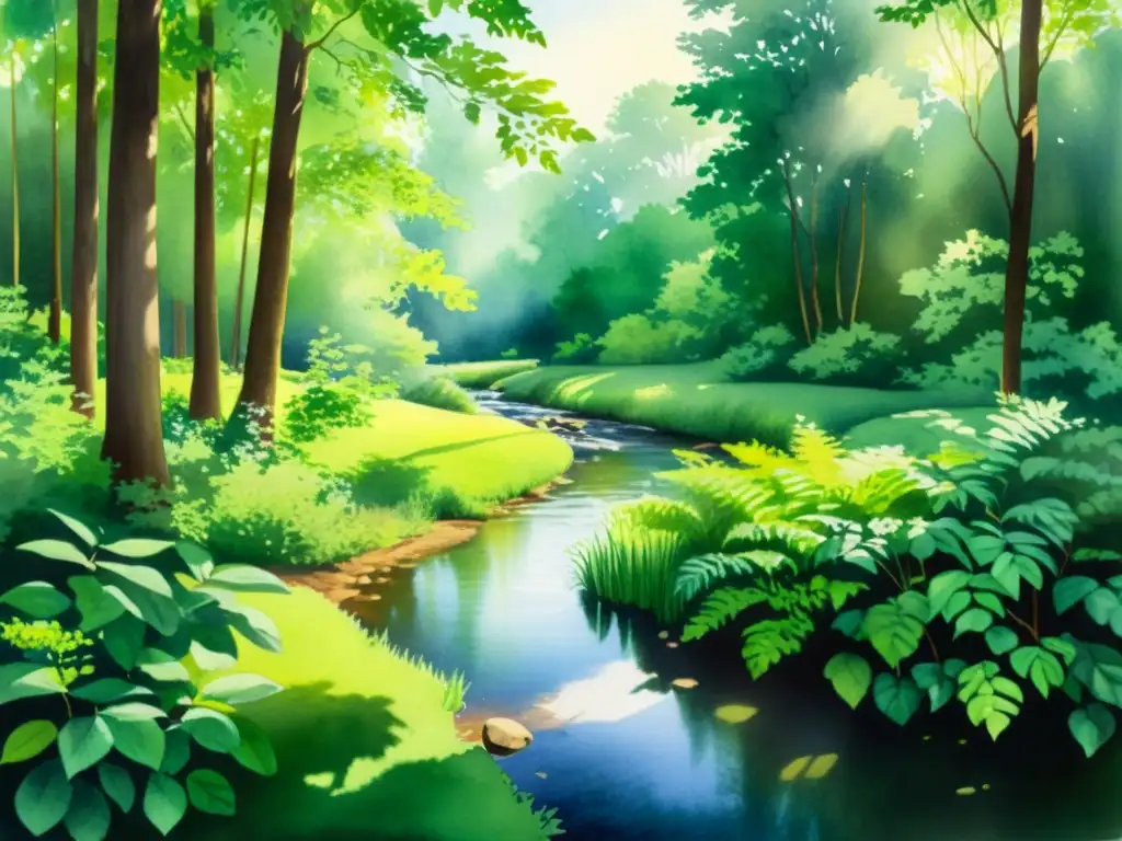 Un tranquilo paisaje de bosque en acuarela con luz solar filtrándose entre las frondosas hojas verdes