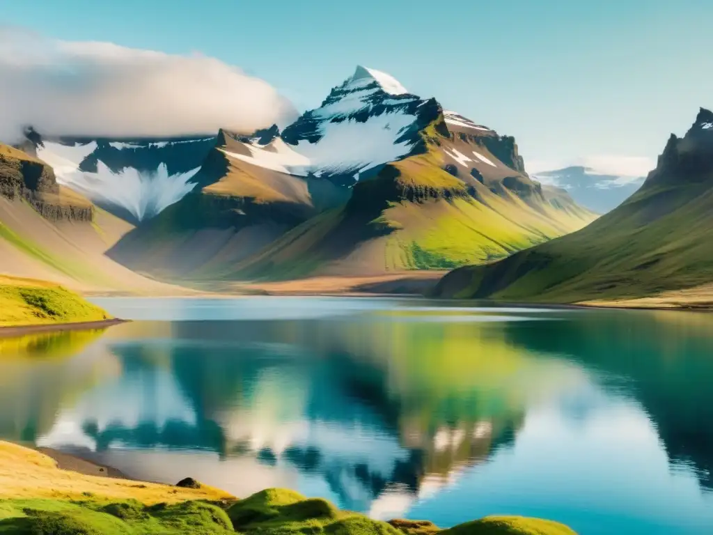 Tranquilidad en Islandia: paisaje sereno de montañas nevadas y lago Un tranquilo paisaje de Islandia con un lago sereno rodeado de montañas nevadas, con una paleta de colores suaves que evoca paz y reflexión