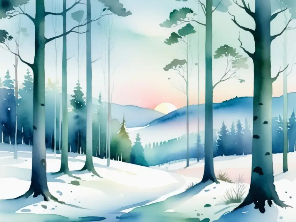 Bosque nórdico nevado al amanecer: acuarela serena Tranquilo paisaje nórdico con nieve, árboles altos y suave luz del amanecer, ideal para retiros espirituales estilo nórdico
