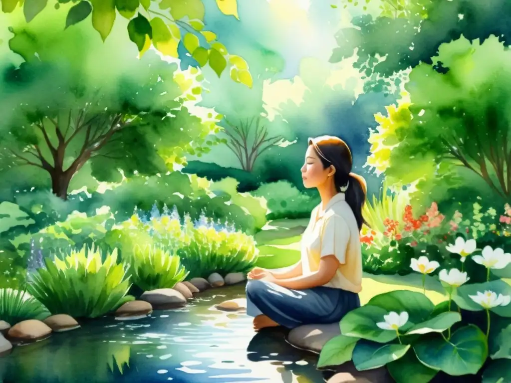 Retiro meditativo en jardín sereno Un tranquilo jardín con una persona en postura meditativa, rodeada de naturaleza y flores