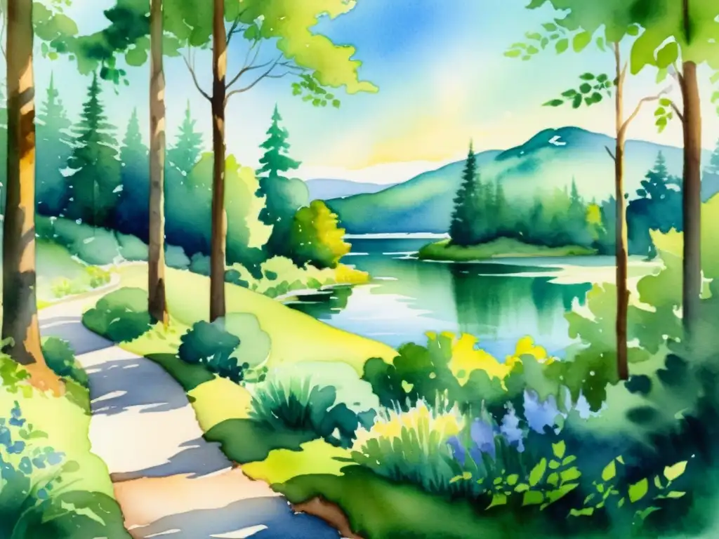 Retiro sereno en el bosque: pintura acuarela Un tranquilo retiro espiritual en el bosque con un sendero serpenteante que lleva a un lago tranquilo rodeado de exuberante vegetación