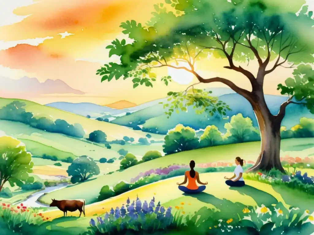 Tranquilo retiro espiritual en granja orgánica con naturaleza exuberante, yoga bajo árbol centenario y atmósfera serena