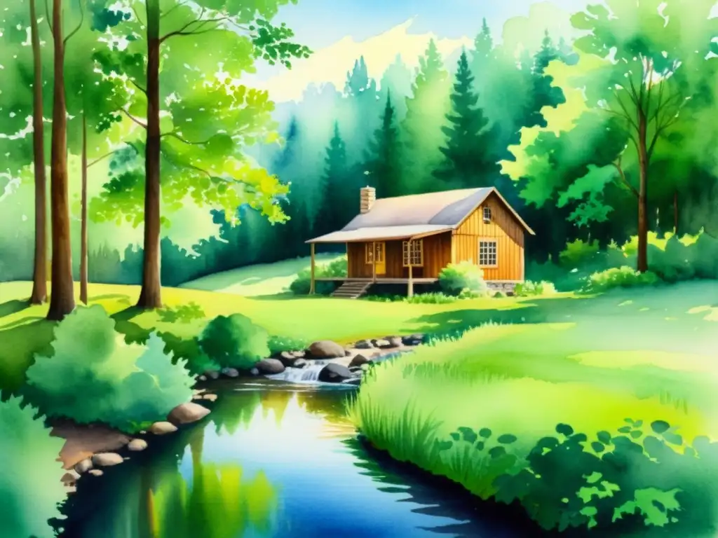 Bosque tranquilo: pintura acuarela serena Un tranquilo retiro espiritual online silencioso en el corazón de un bosque, con una cabaña entre árboles y un arroyo sereno