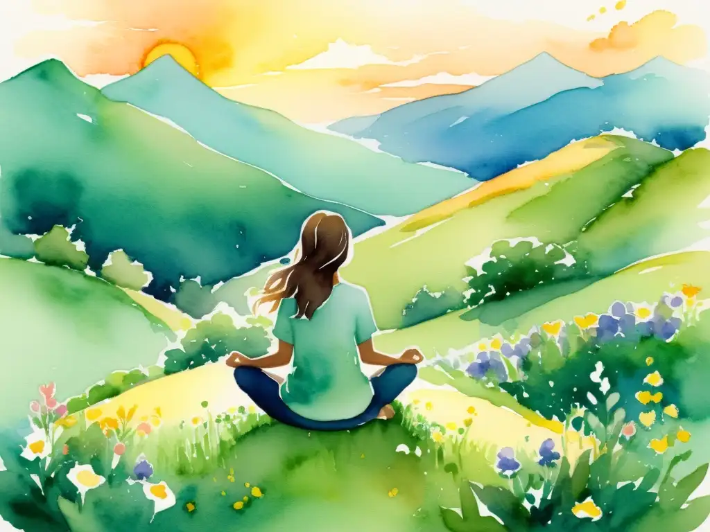 Meditación en la naturaleza: ilustración serena de paz interior Iniciación a la Meditación Trascendental en ilustración de acuarela: persona en meditación en colina verde con flores silvestres y arroyos