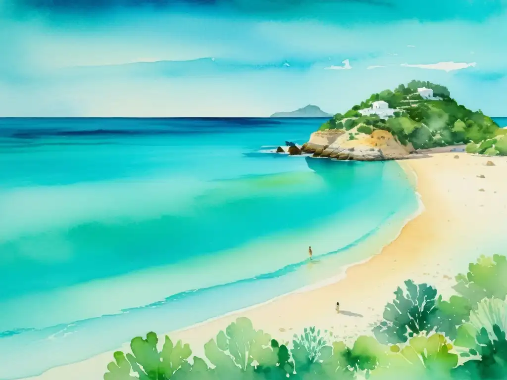 Playa serena de Ibiza: Tranquilidad en acuarela Viaje de silencio a Ibiza: Pintura en acuarela de una playa serena con aguas turquesas y una figura absorta en contemplación