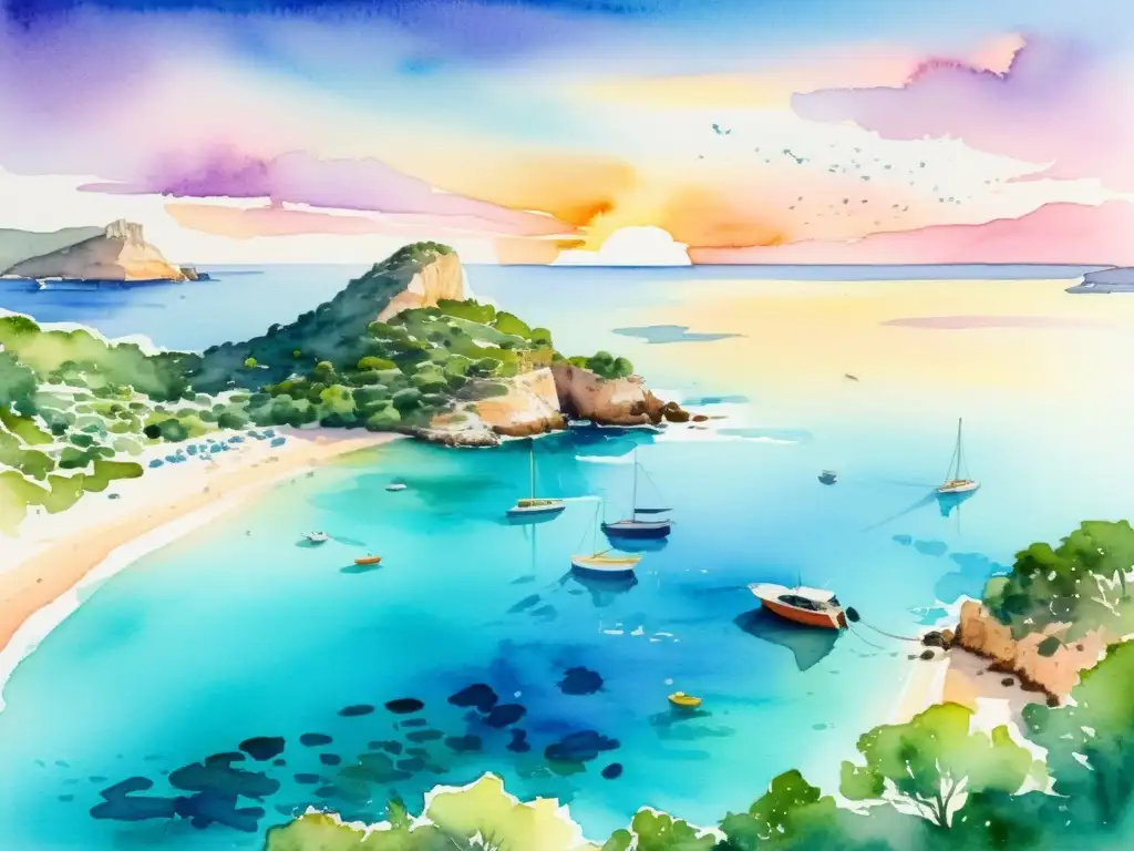 Tranquilo atardecer en la bahía de Ibiza Un viaje de silencio a Ibiza: pintura acuarela de una bahía serena con aguas turquesas, playas doradas y un atardecer colorido