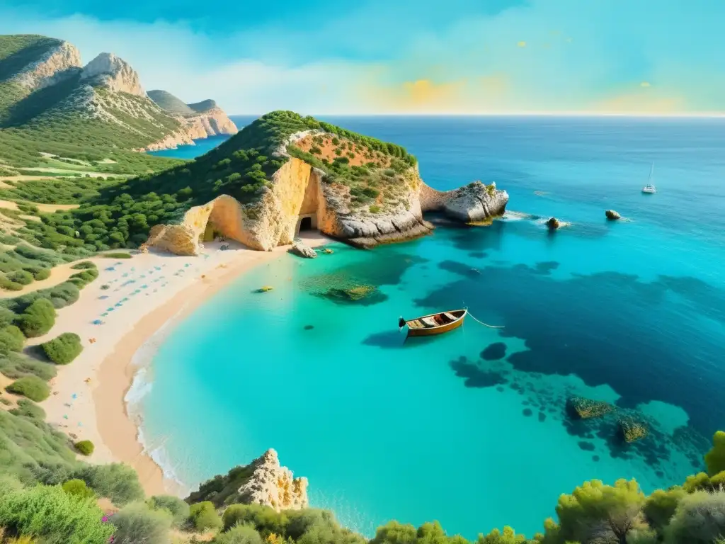 Paraíso sereno: Cueva escondida en Ibiza Viaje de silencio a Ibiza: ilustración acuarela de una cala tranquila con aguas turquesa, acantilados verdes y un cielo pastel