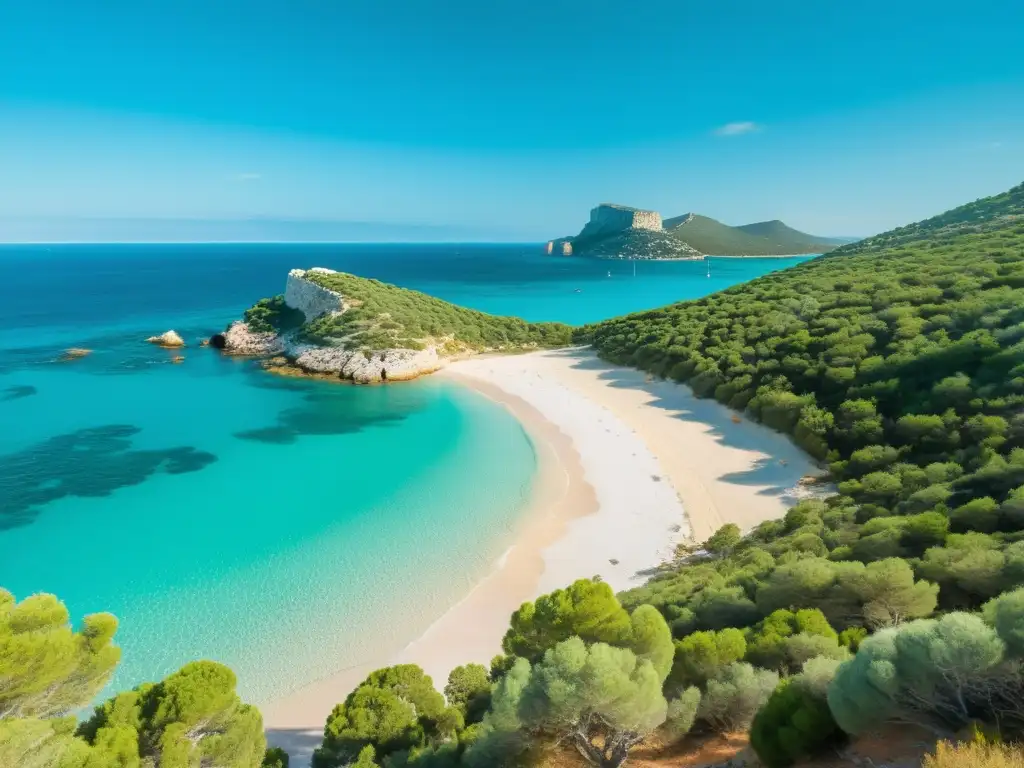Playa paradisíaca en Ibiza: Aguas turquesas y serenidad Viaje de silencio a Ibiza: Playa serena con aguas turquesas y cielo pastel, rodeada de exuberante vegetación