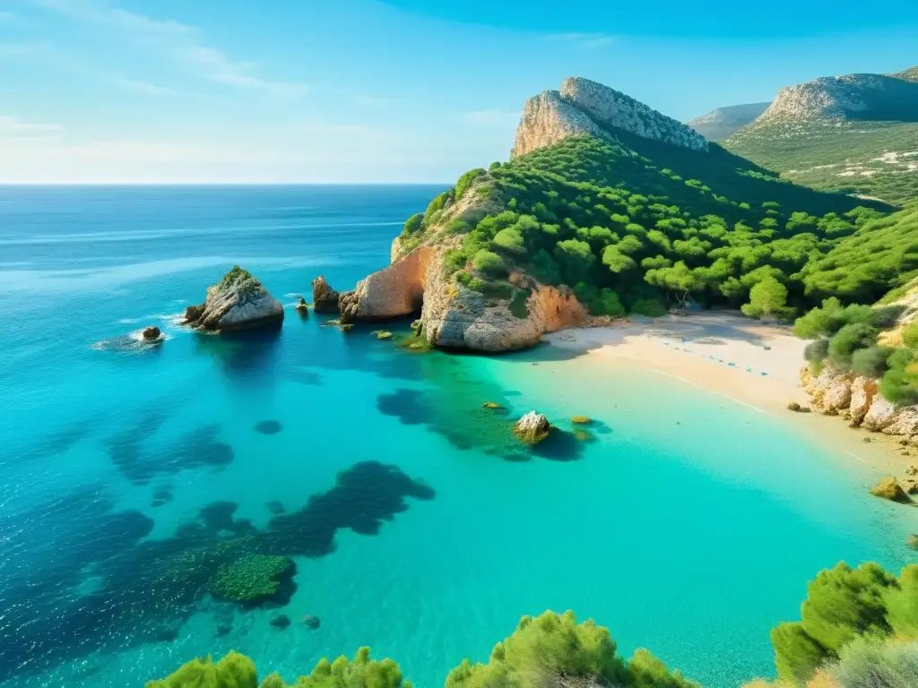Paraíso sereno en Ibiza: acuarela de una cala escondida Viaje de silencio a Ibiza: Acuarela serena de una cala apartada, aguas turquesas, un velero solitario y nubes danzantes en el cielo