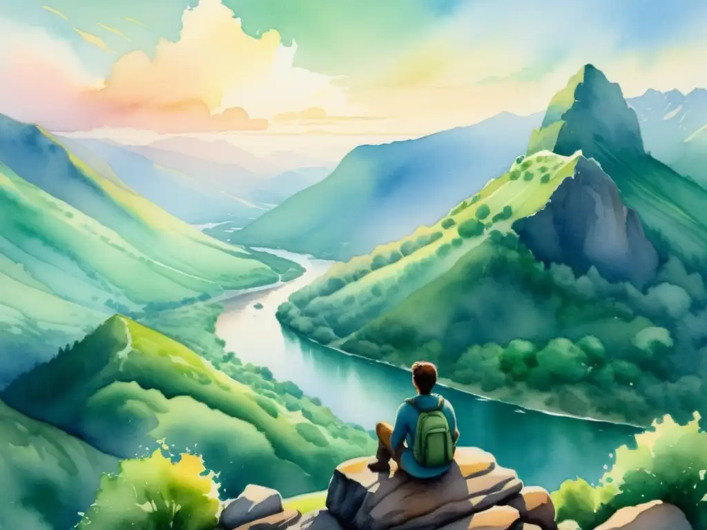 Viajero en la montaña: acuarela serena y contemplativa Un viajero solitario contempla un valle neblinoso desde un acantilado