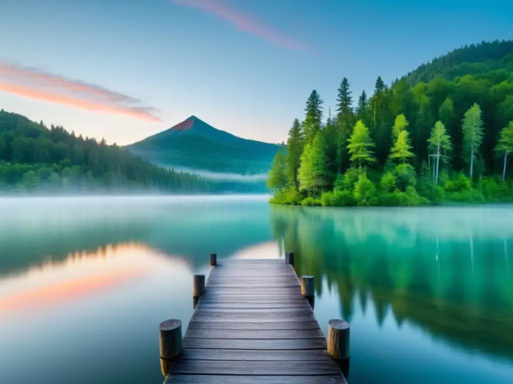 Lago de montaña sereno en el amanecer Viajes de silencio para introspección: un lago sereno rodeado de niebla en un bosque exuberante al amanecer, con un muelle de madera