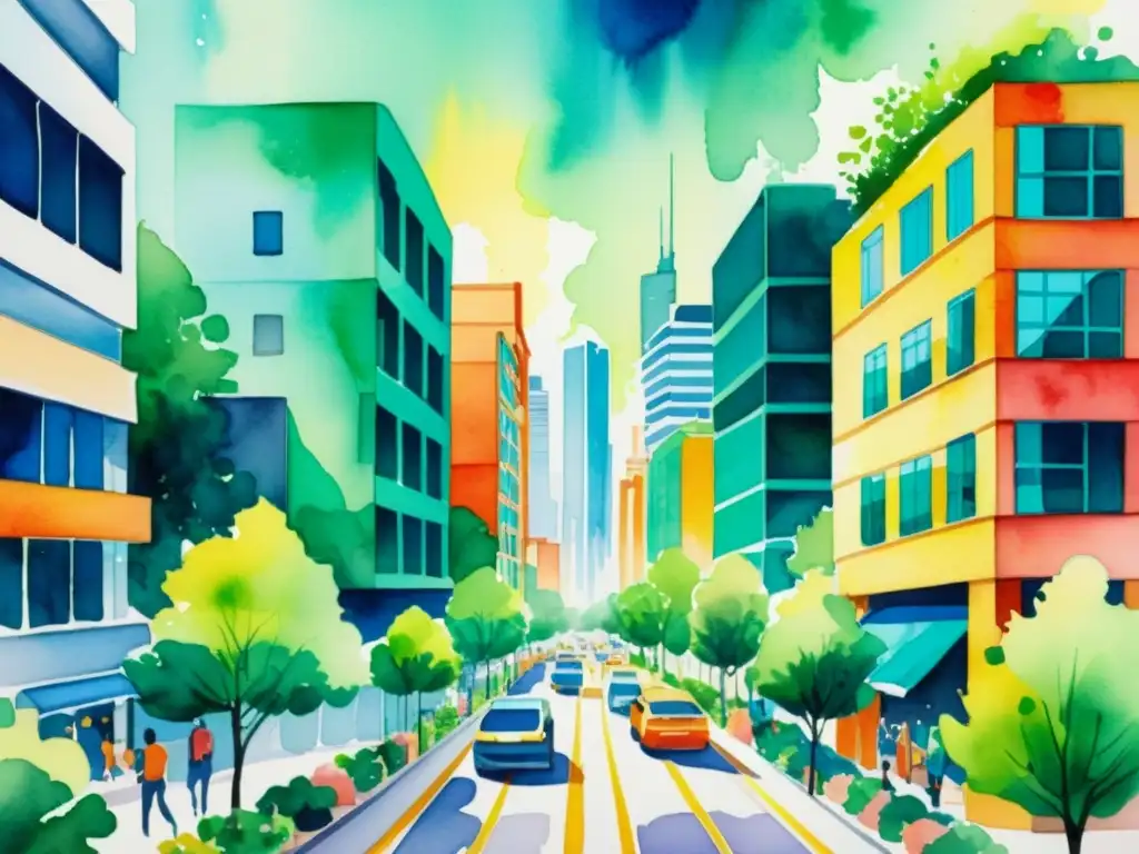 Cityscape vibrante: energía curativa y vitalidad urbana Vibrante acuarela de la ciudad canalizando energía sanadora en la metrópoli