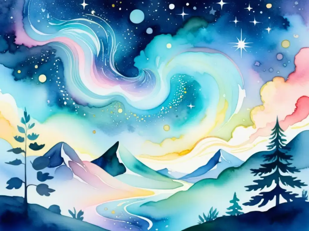 Galaxias etéreas: un paisaje místico y sereno Una ilustración vibrante en acuarela de un paisaje sereno y místico, con galaxias giratorias, estrellas brillantes y luz etérea