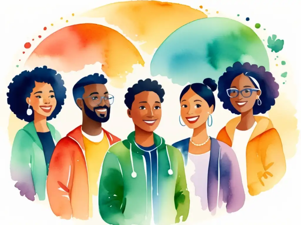 Comunidad virtual inclusiva: unidos en apoyo Una ilustración acuarela vibrante muestra una comunidad virtual diversa, unida en apoyo y actividades