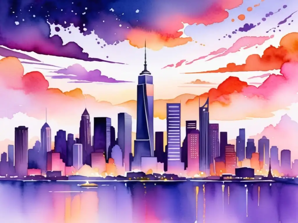 Pintura acuarela: ciudad bulliciosa al atardecer Un vibrante cuadro de acuarela de un bullicioso horizonte urbano al atardecer, con tonos de rosa, naranja y morado llenando el cielo