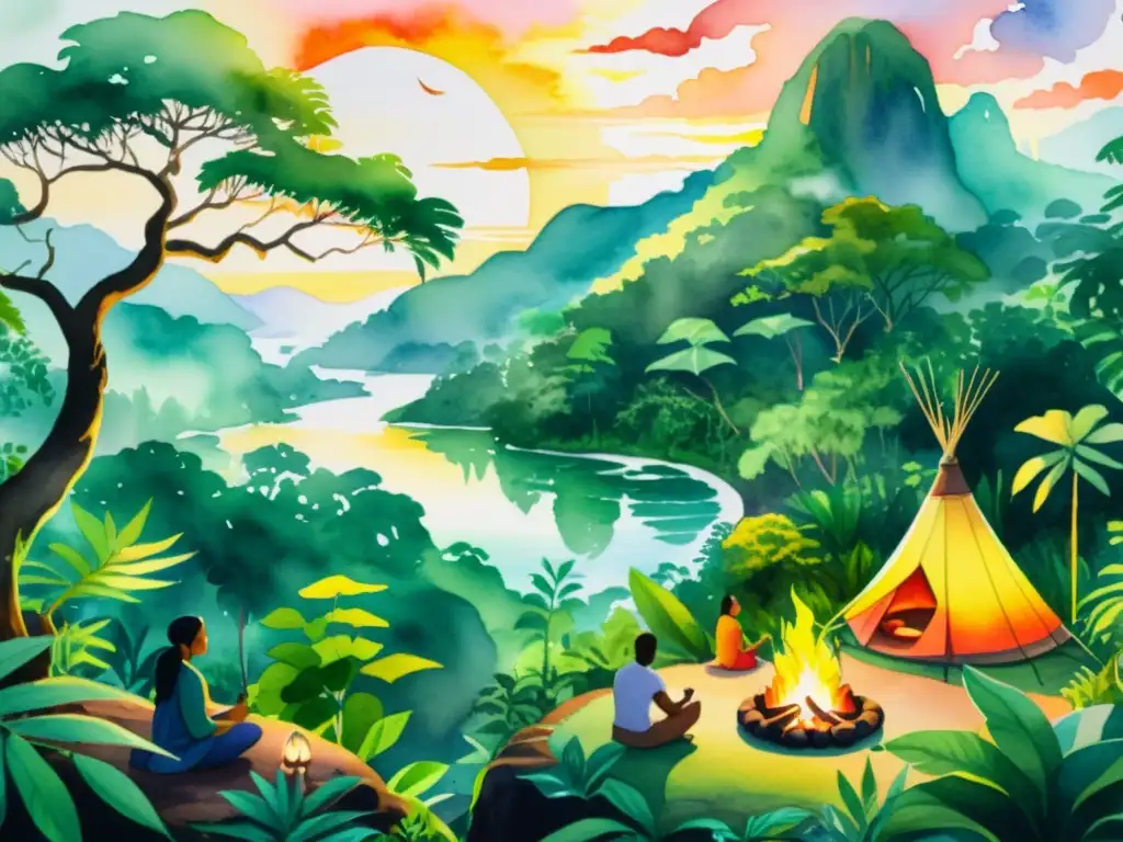 Cuadro de 8k: Selva exuberante y ceremonia chamánica Un vibrante cuadro acuarela 8k de un exuberante bosque tropical con un río serpenteante y un atardecer cálido