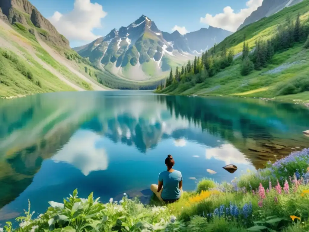 Serena meditación en paisaje montañoso 8k Vibrante paisaje montañoso con lago azul, flores silvestres y meditador, evocando viajes de introspección espiritual en la naturaleza serena