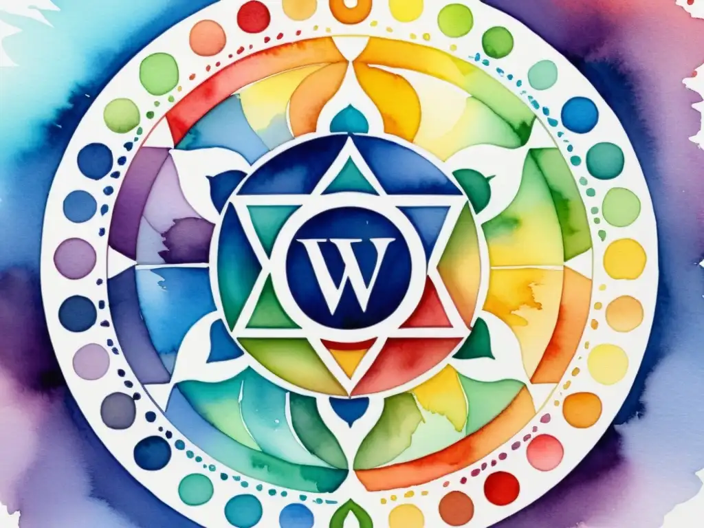 Vibrante pintura acuarela de un chakra con colores ricos y símbolos, irradiando equilibrio y energía