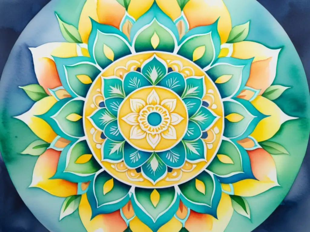 Serena mandala acuarela 8k: expresión espiritual Vibrante pintura mandala espiritual en acuarela detallada de 8k, con colores armoniosos que invocan tranquilidad