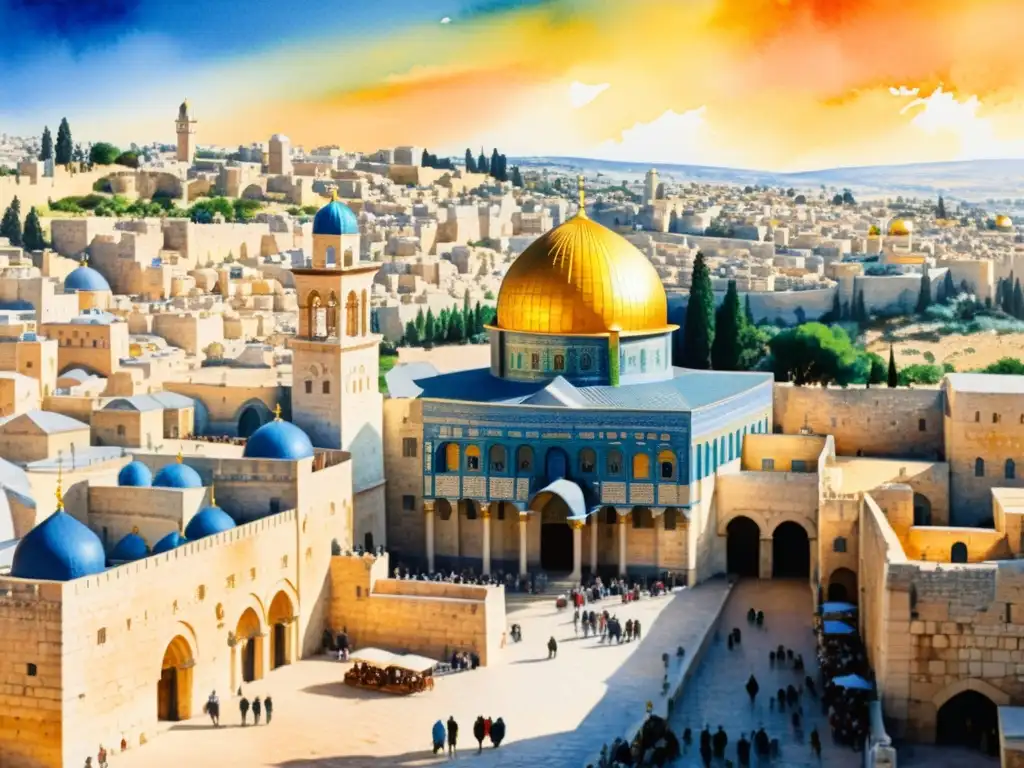 Jerusalén dorada: pintura acuarela detallada con espiritualidad Vista detallada de Jerusalén en acuarela, con luz dorada y mercado bullicioso