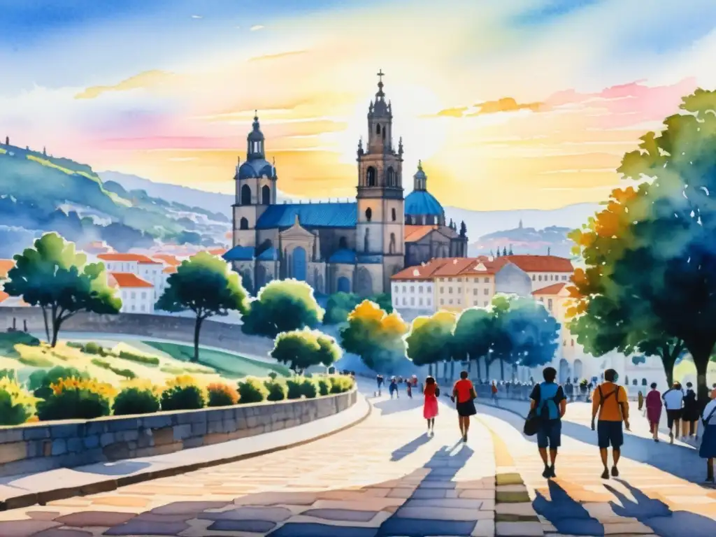 Esplendor del amanecer en la Catedral de Santiago Vista detallada de pintura acuarela del amanecer en la Catedral de Santiago de Compostela, con peregrinos en ruta espiritual