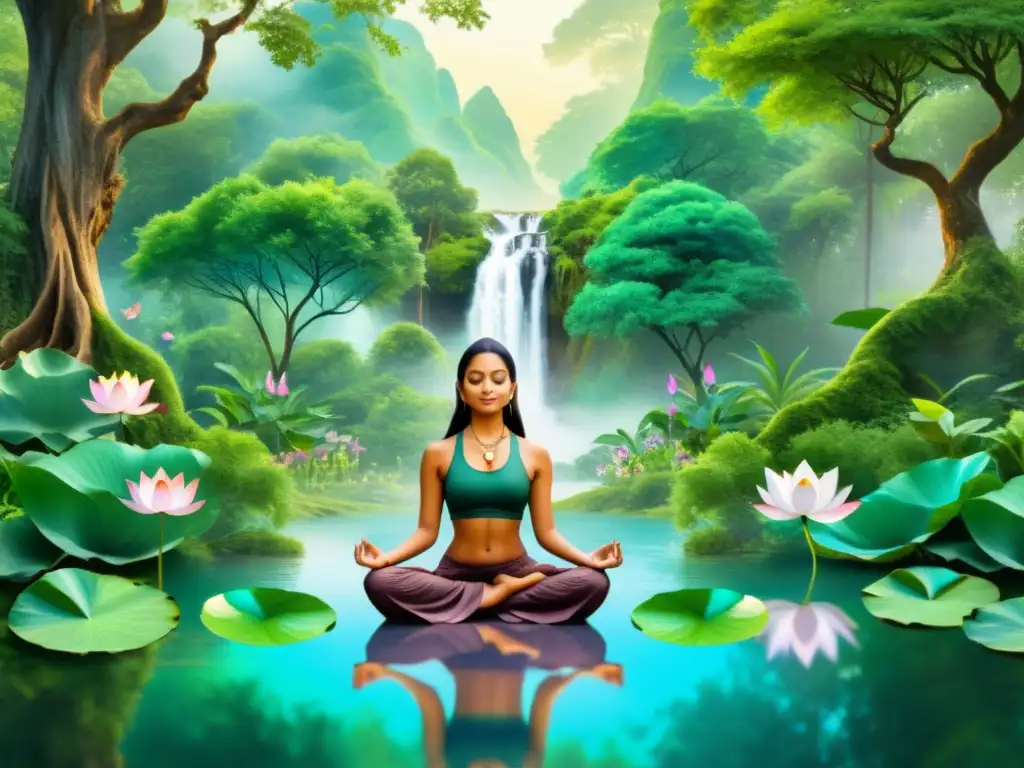 Yogis en meditación: Serenidad y naturaleza Yogis meditando en un bosque sereno, evocando la conexión espiritual con la naturaleza